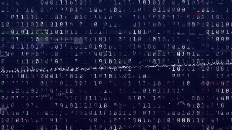 Animatie van binaire codedataverwerking op een zwarte achtergrond