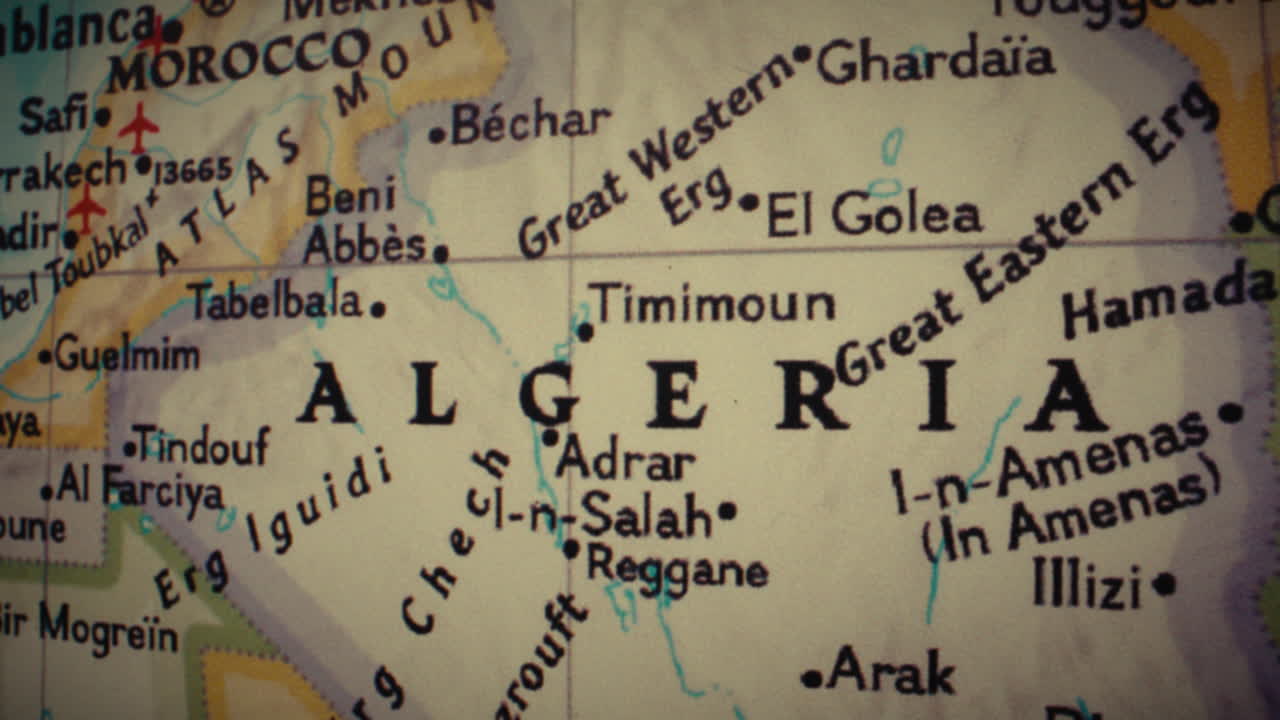 Close-up of a political map focused on Algeria and Morocco