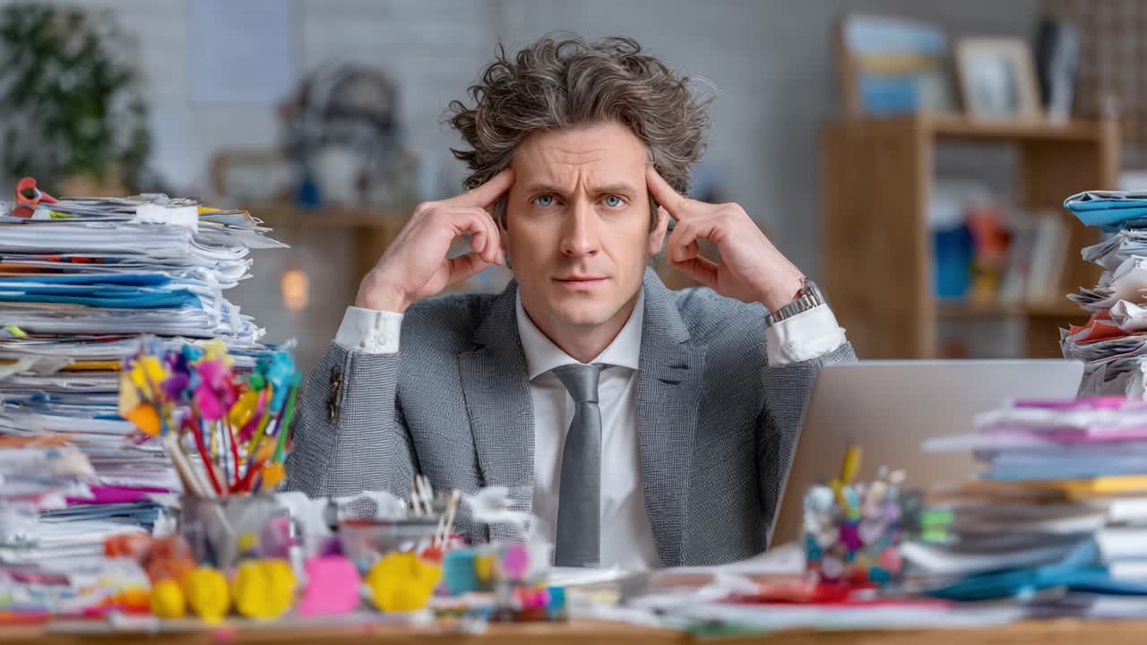 An Overwhelmed Professional Stressed Amidst a Chaotic Work Environment, Trying to Manage a Mountain of Paperwork and Distractions Surrounding Him