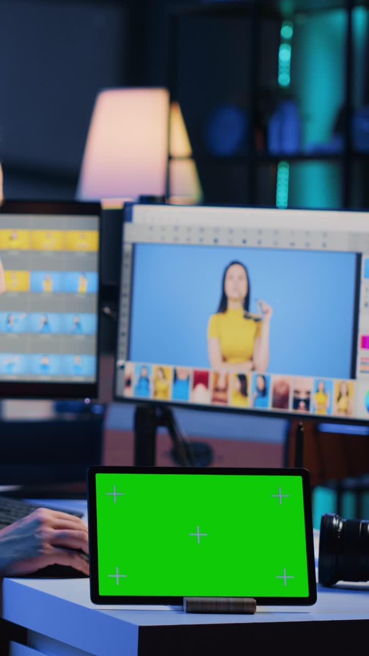 Vertical video Freelancer browsing images on mockup PC in media agency