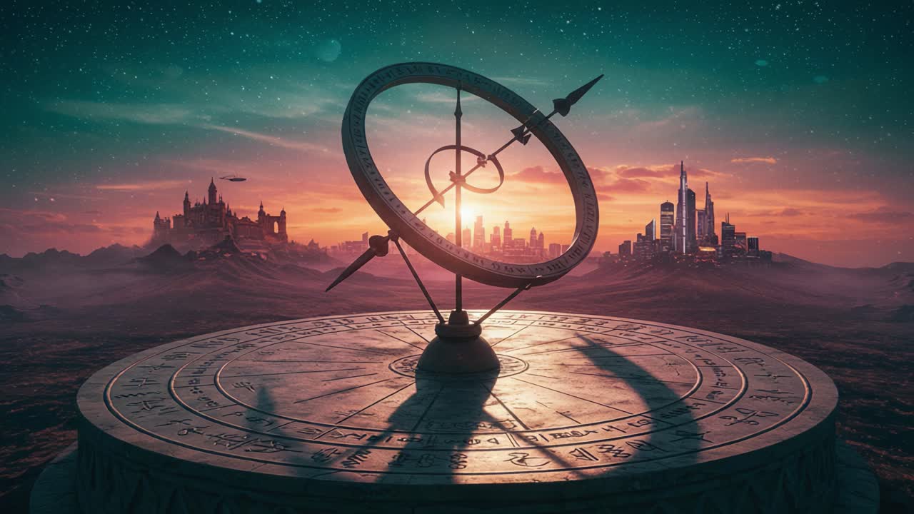 A Stunning Timepiece Unveils Its Mysteries in a Distant Land, Capturing the Essence of Time as Sunset Falls Over a Fantastical Cityscape and Ancient Kingdom