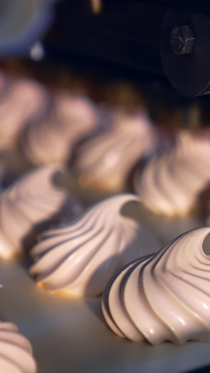 Creamy marshmallows being squeezed onto the conveyor belt. Well-coordinated work of the molding machine producing tasty sweets. Process in close up. Vertical video