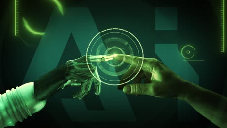 high quality 3d cgi of a robot arm reaching out and touching index fingertips with a human hand and activating a spinning tech gizmo and animated background ai data elements, in green color scheme