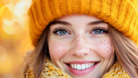 a woman wearing a yellow hat and scarf smiles at the camera