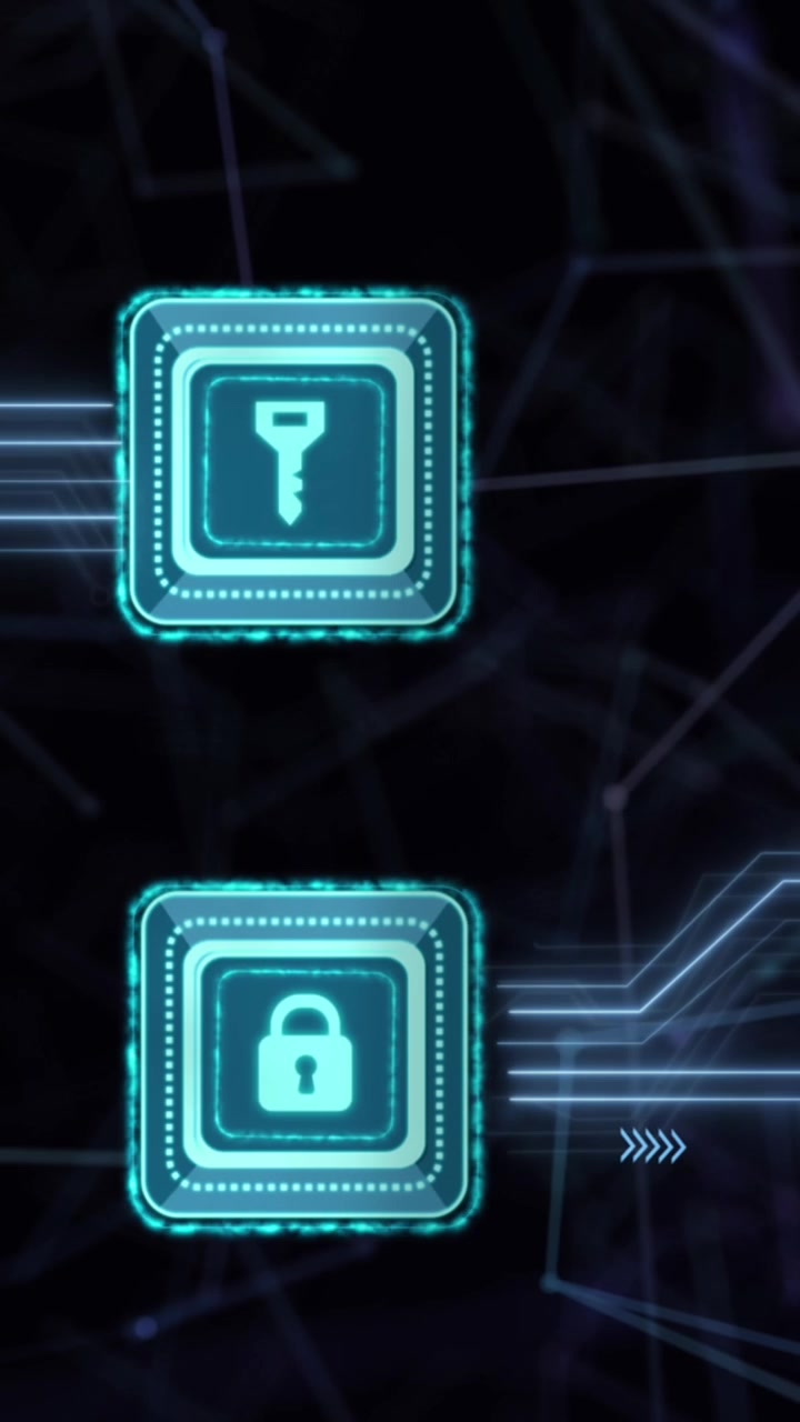 Animation of online security padlock and key icons and data processing over computer motherboard
