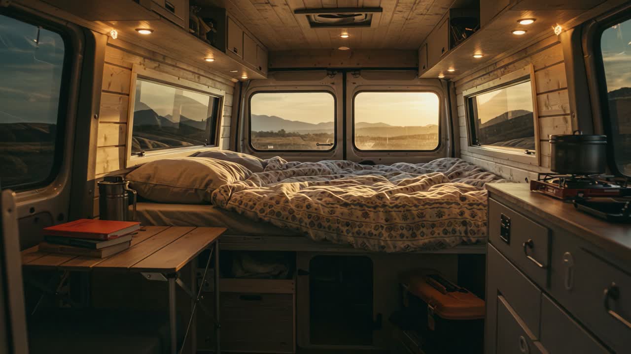 Cozy Van Interior at Sunrise: Embrace the Tranquility of Nature with Soft Lighting and Comfortable Bedding for Ultimate Relaxation and Adventure