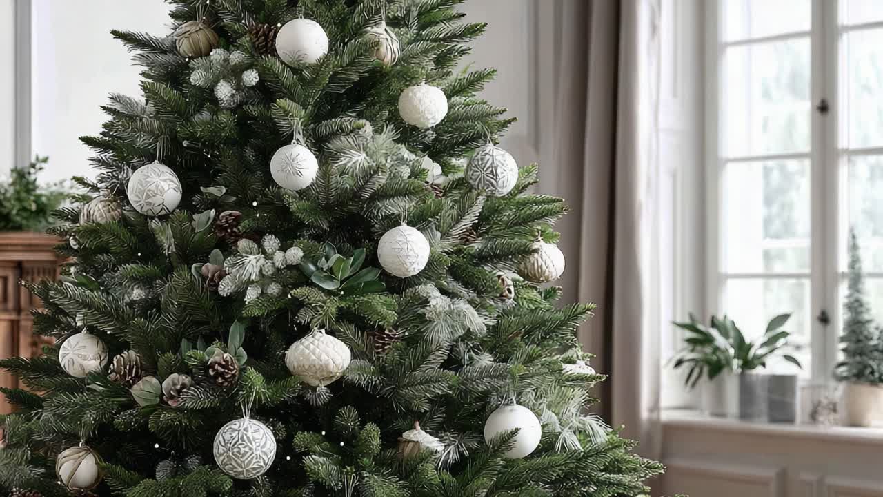 Et smukt pyntet juletræ med elegante, hvide ornamenter i en lys og hyggelig stue med naturlige elementer som baggrund
