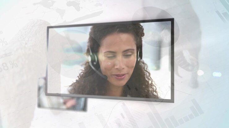 Animazione di elaborazione dati finanziari su professionisti di varie etnie che usano cuffie telefoniche