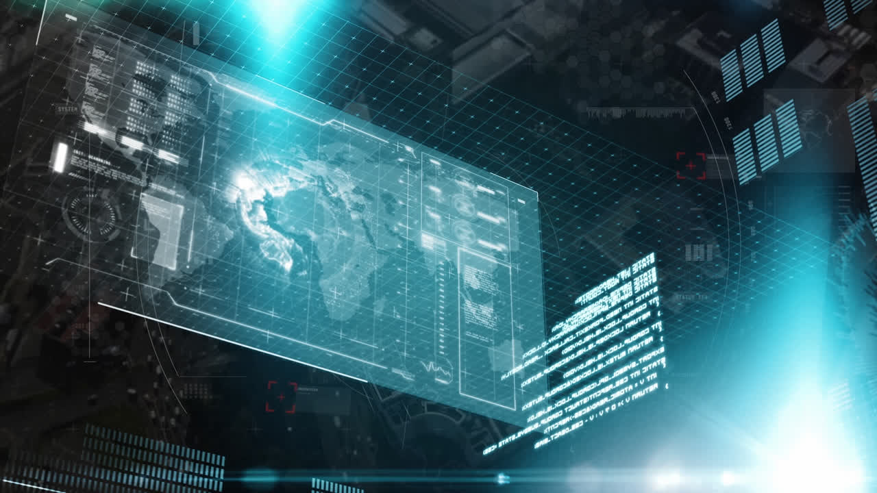 도시 풍경 위의 화면에서 데이터 처리의 애니메이션