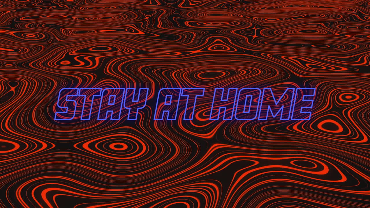 animación de palabras de neón azul quedarse en casa sobre fondo líquido rojo