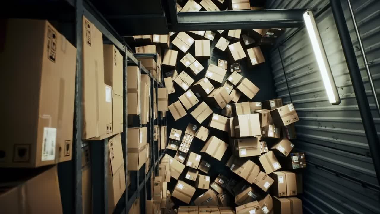 Unstable Stacks of Boxes in a Warehouse: Dramatic Display of Shipping Containers Teetering on Shelves, Highlighting Organizational Challenges in Storage Facilities