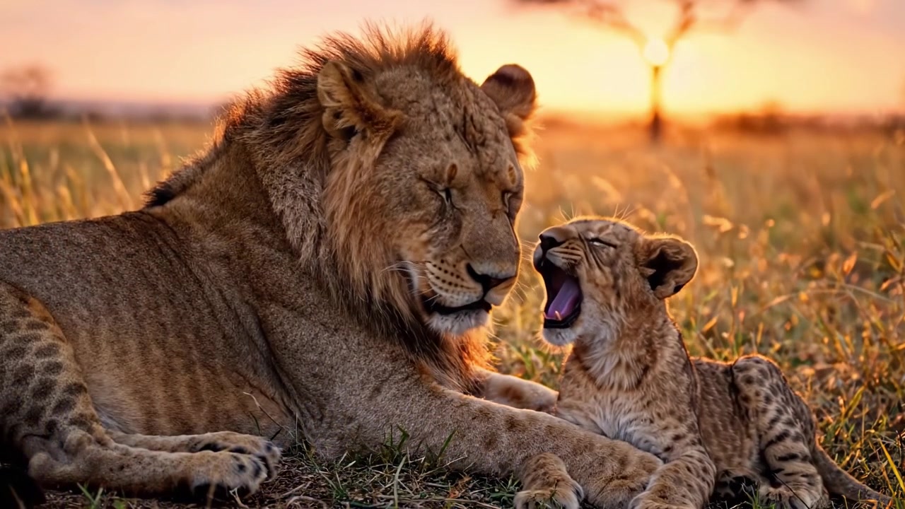 Un momento commovente tra un leone e il suo cucciolo al tramonto: uno spettacolo spettacolare del legame e della bellezza della natura selvaggia.