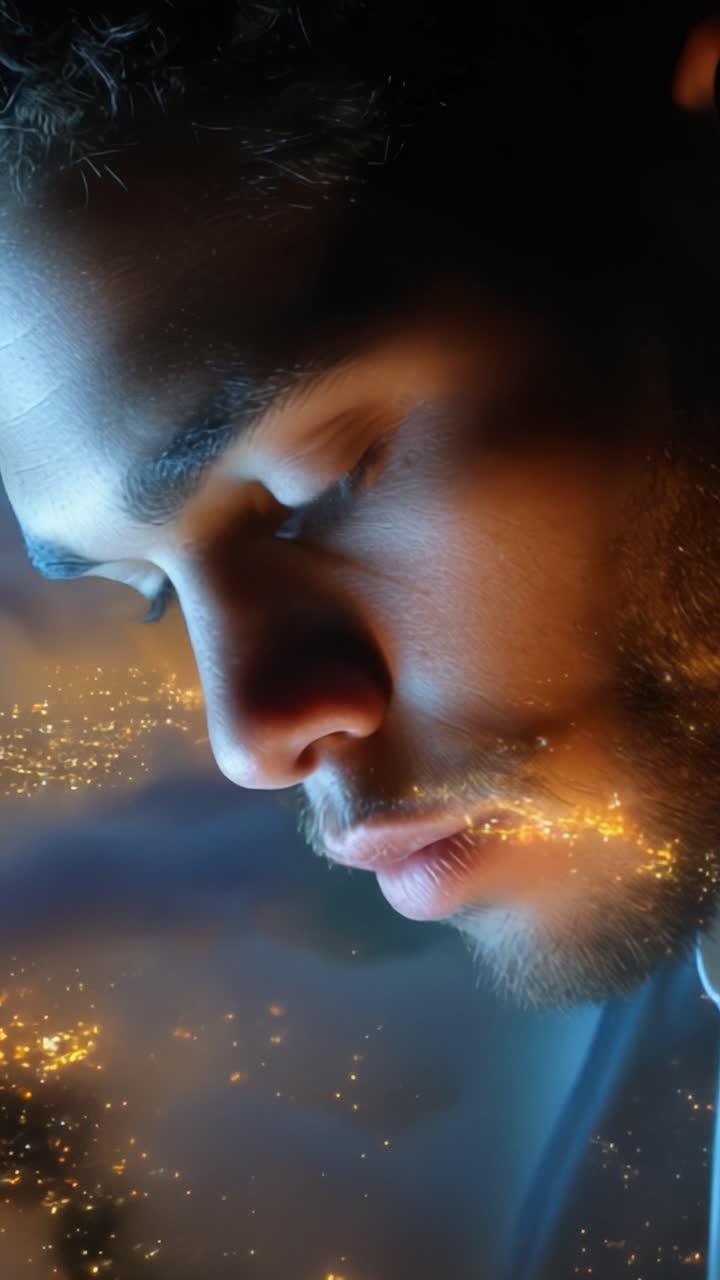 Um Retrato Contemplativo Apresentando um Homem Olhando Pensativamente em Meio a uma Paisagem Urbana Onírica que se Funde com Seu Perfil, Simbolizando Reflexão Interior e Vida Urbana