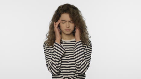 Tired-woman-showing-headache-on-white-background