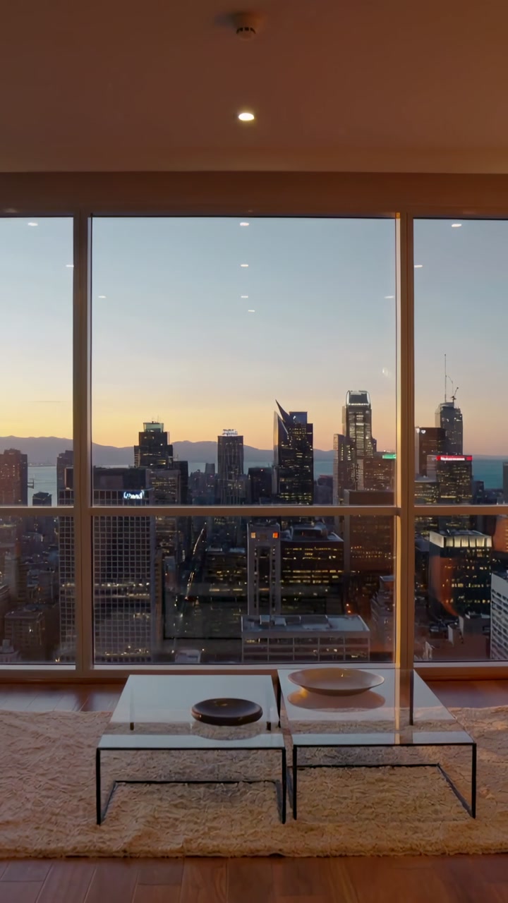 Vertical video: Sun dipping, city skyline lighting up glass wall in loft, reflecting on tables