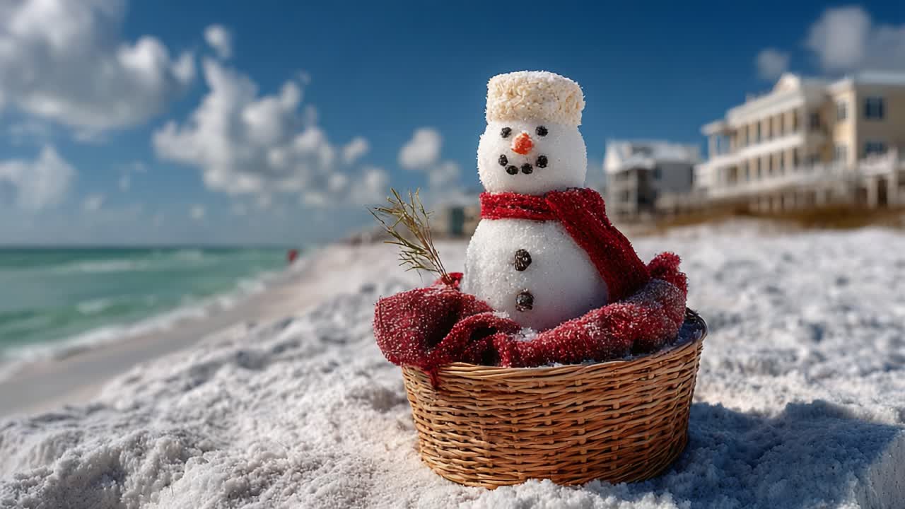 A Unique Winter Scene: A Snowman in a Basket Enjoys a Coastal Beach Setting Under a Clear Blue Sky, Combining Elements of Winter and Summer