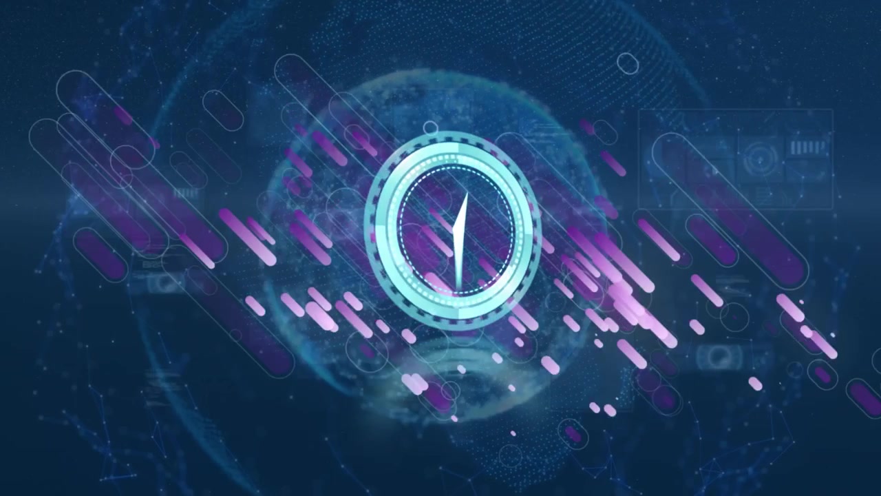 Animation of clock moving over globe, connections and purple shapes on blue background