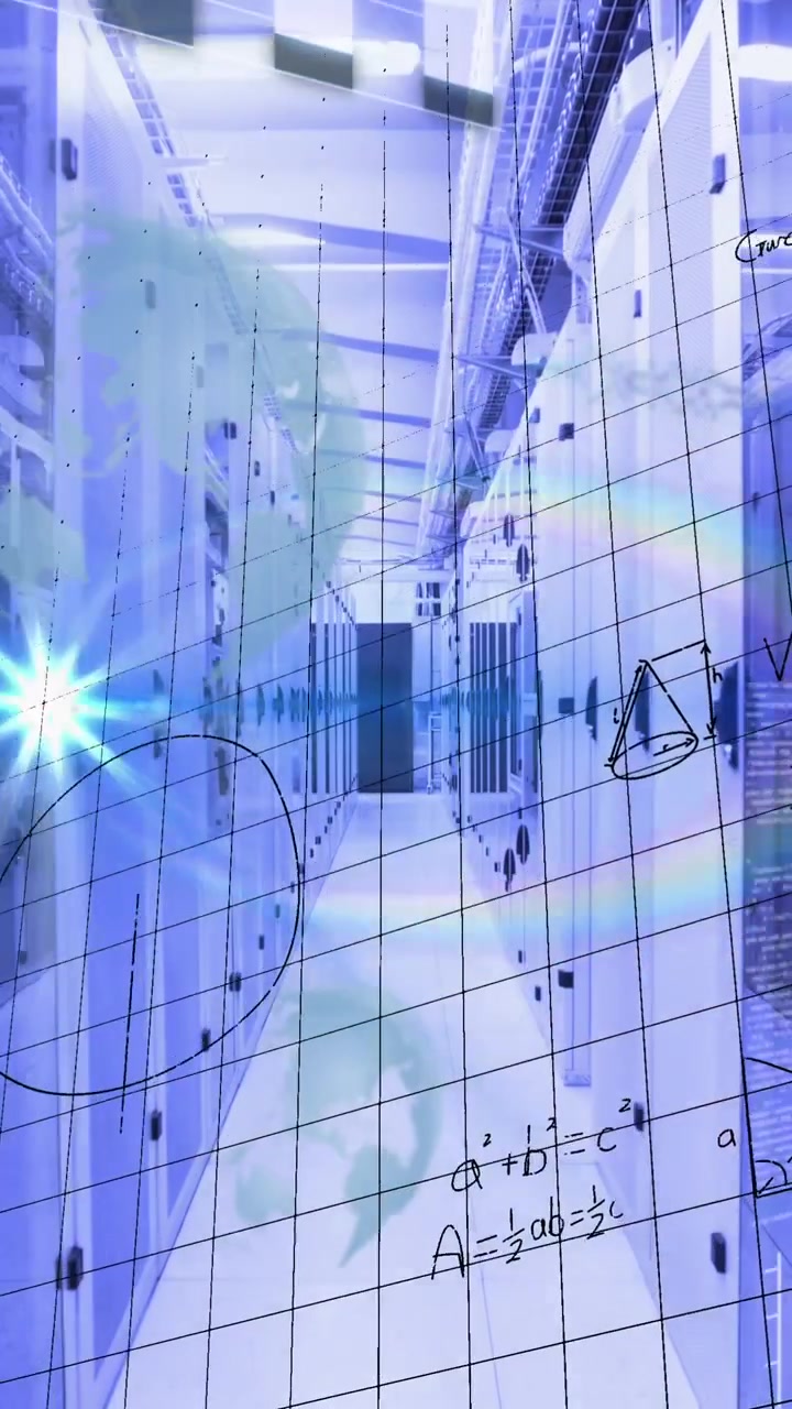Animação de interface de infográfico, equações, arco-íris, lens flare voador em sala de servidores