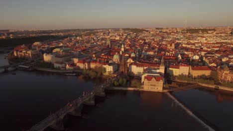 prague view and charles bridge aerial shot