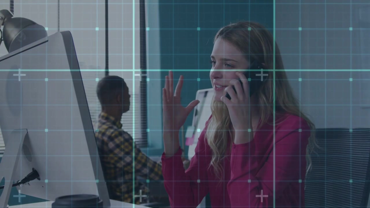 Woman taking phone call, resolving work issue and calming in office, blue grid tracking gestures