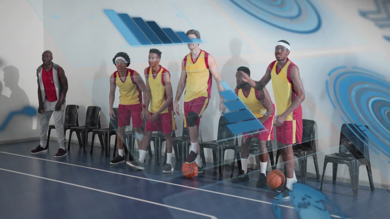 Jogadores reservas se levantando e comemorando após lance de basquete, gráfico azul obscurecendo a visão