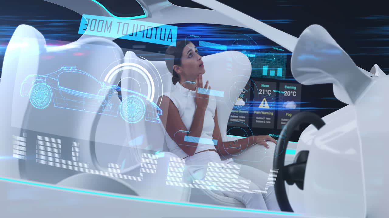 시내를 가로지르는 자동 조종기 모드에서  ⁇  인테리어가 있는 자동차에서 디지털 태블릿을 사용하는 여성