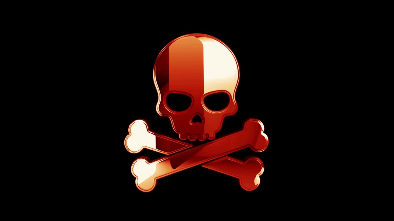 Teschio pirata e simbolo metallico di cyberattacco online in rotazione continua