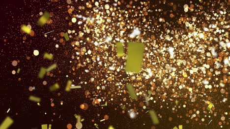 animation of gold confetti falling over glowing golden spots in the background