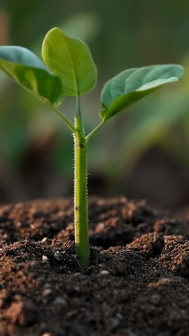 Video verticale: piantina verde solitaria che spunta dal foro del seme nel terreno scuro aprendo le foglie verso il sole