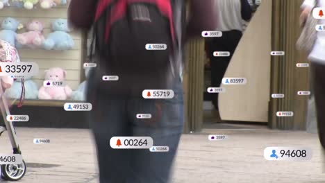 animation of social media data processing over people walking in city street