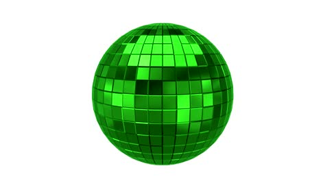 animación en bucle de una bola de discoteca metálica verde que gira sobre un fondo blanco. representación 3d de la esfera poligonal
