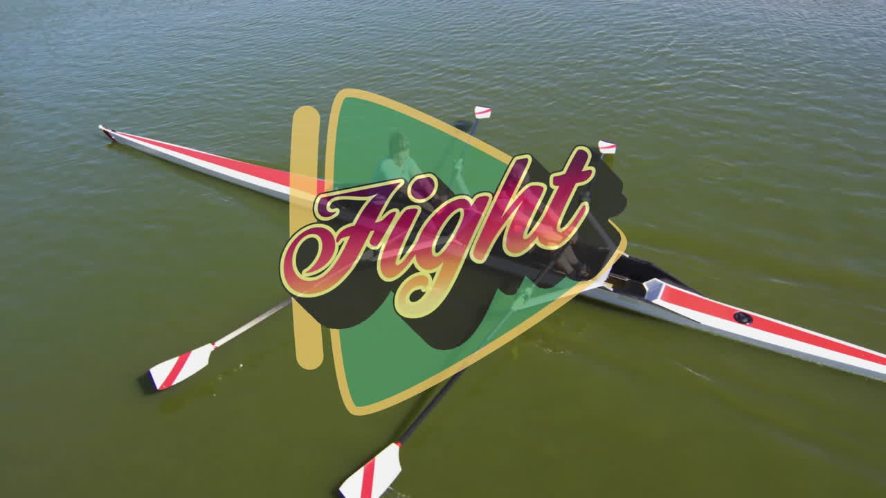 Pair of senior rowers gliding over lake water, featuring animated Fight overlay for health tech