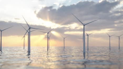 camera fly over wavy ocean, many green energy wind turbines spinning