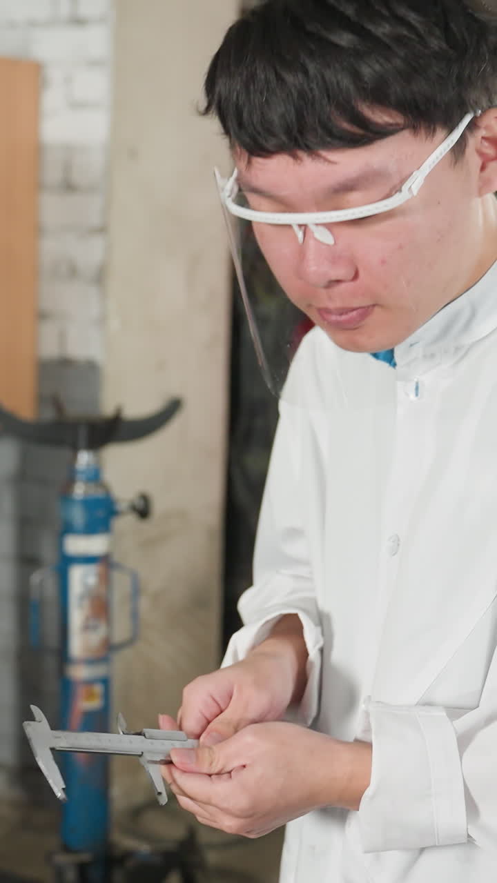 여성의 머리카락을 가까이에서 실험실 기술자가 자동차 작업장에서 베르니에 칼리퍼를 사용하여 엔진 크기를 측정합니다.