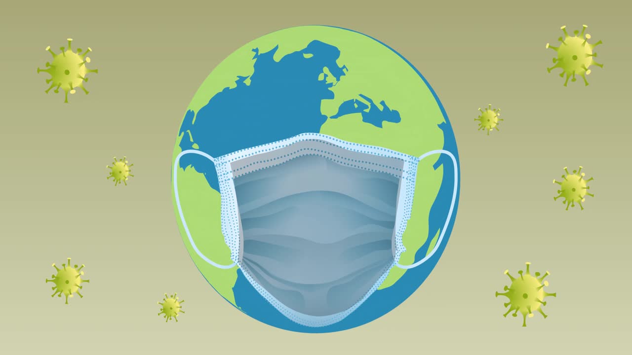 바이러스 세포 위에서 지구에 있는 얼굴 마스크의 애니메이션
