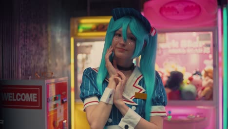 cosplayer dressed as hatsune miku in a cafe themed location