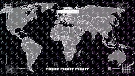 Animation-of-interface-with-fight-text-banner-over-world-map-and-abstract-shapes-design-pattern