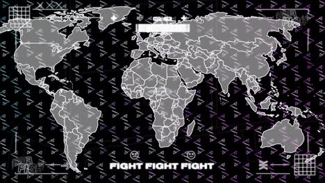 animación de la interfaz con banner de texto de lucha sobre el mapa del mundo y el patrón de diseño de formas abstractas
