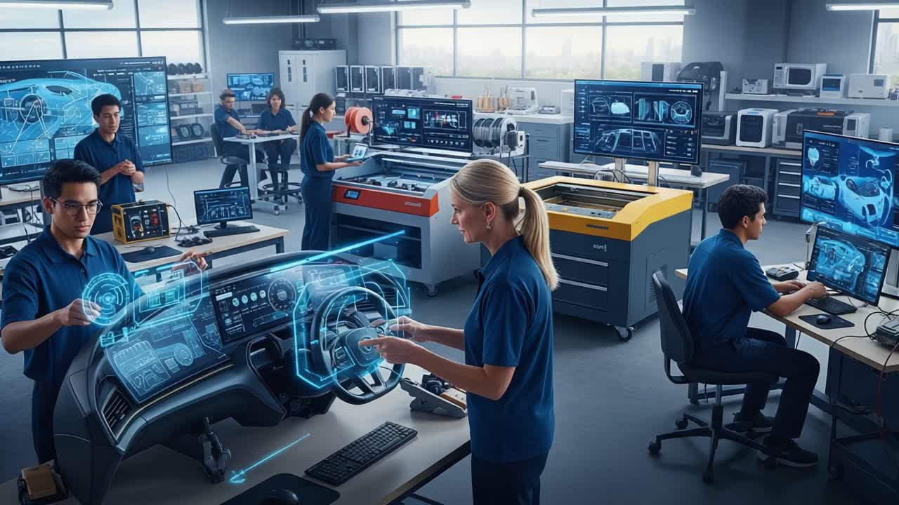 Advanced Vehicle Technology Laboratory: Engineers Collaborate on Innovative Dashboard Interfaces and Automotive Software Solutions in a High-Tech Workspace