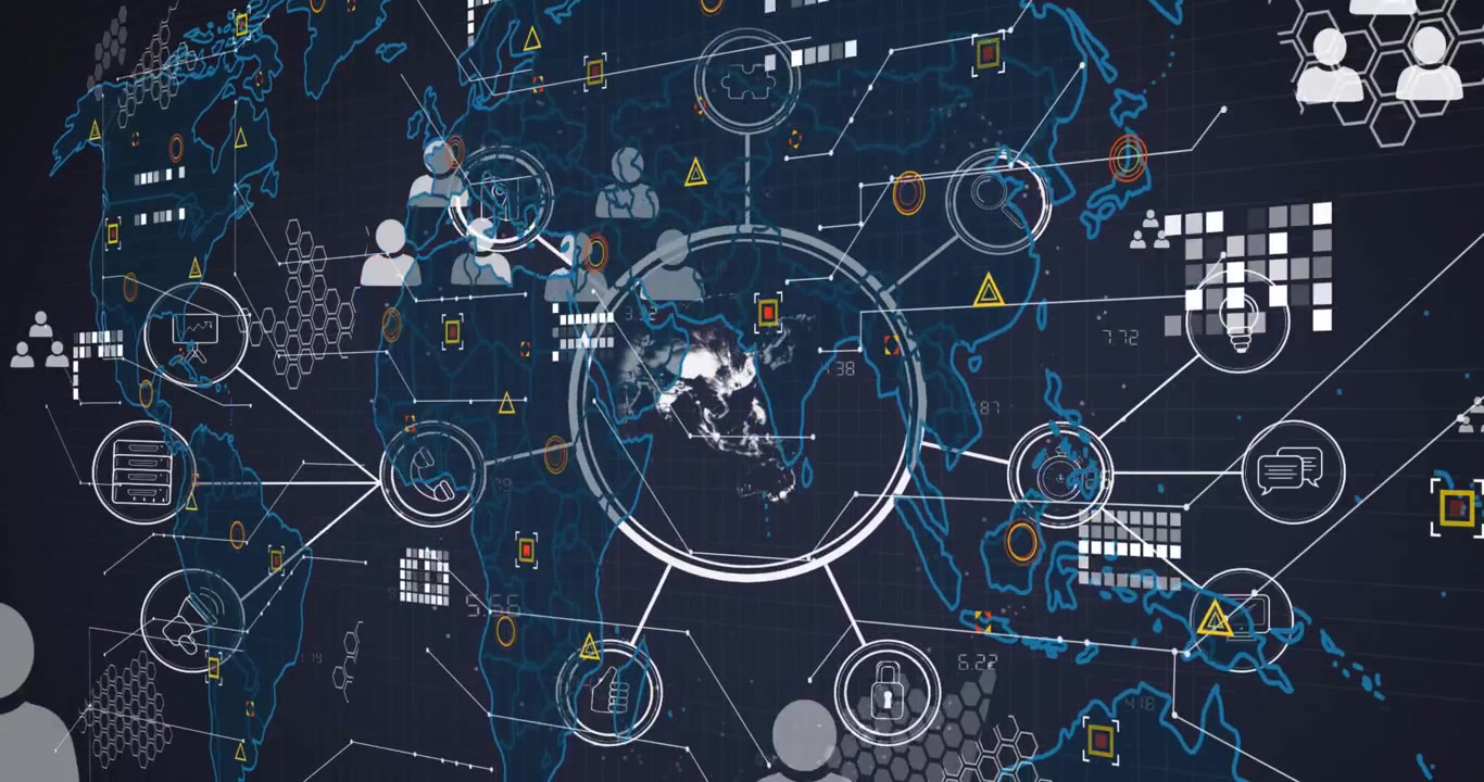 Animation of network of connections and snow falling over data processing over black background
