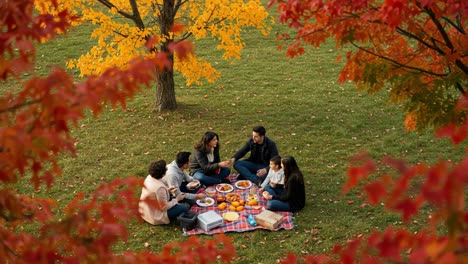family and friends enjoying an autumn picnic in a park with colorful fall foliage