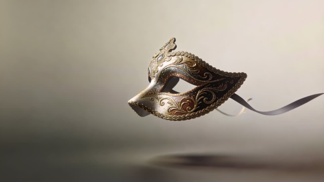 Un bagliore fluttuante avvia una maschera che si inclina e si sposta in studio, mostrando la filigrana e un nastro che scorre a destra.