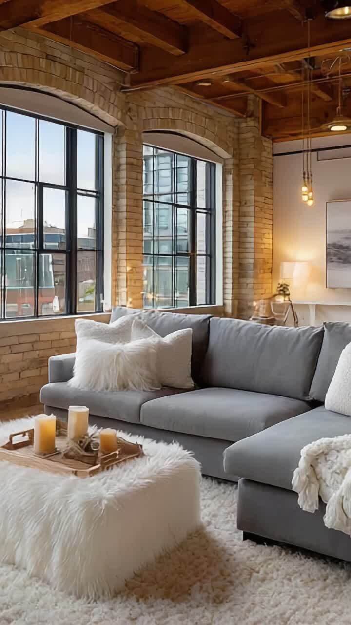 A Cozy and Inviting Living Room Featuring Modern Decor and Ample Natural Light, Perfect for Relaxation and Gatherings with Elegant Textures and Accents