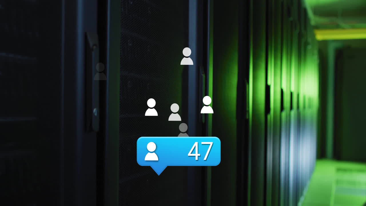 Servers in data center with animated user count overlay, showcasing technology