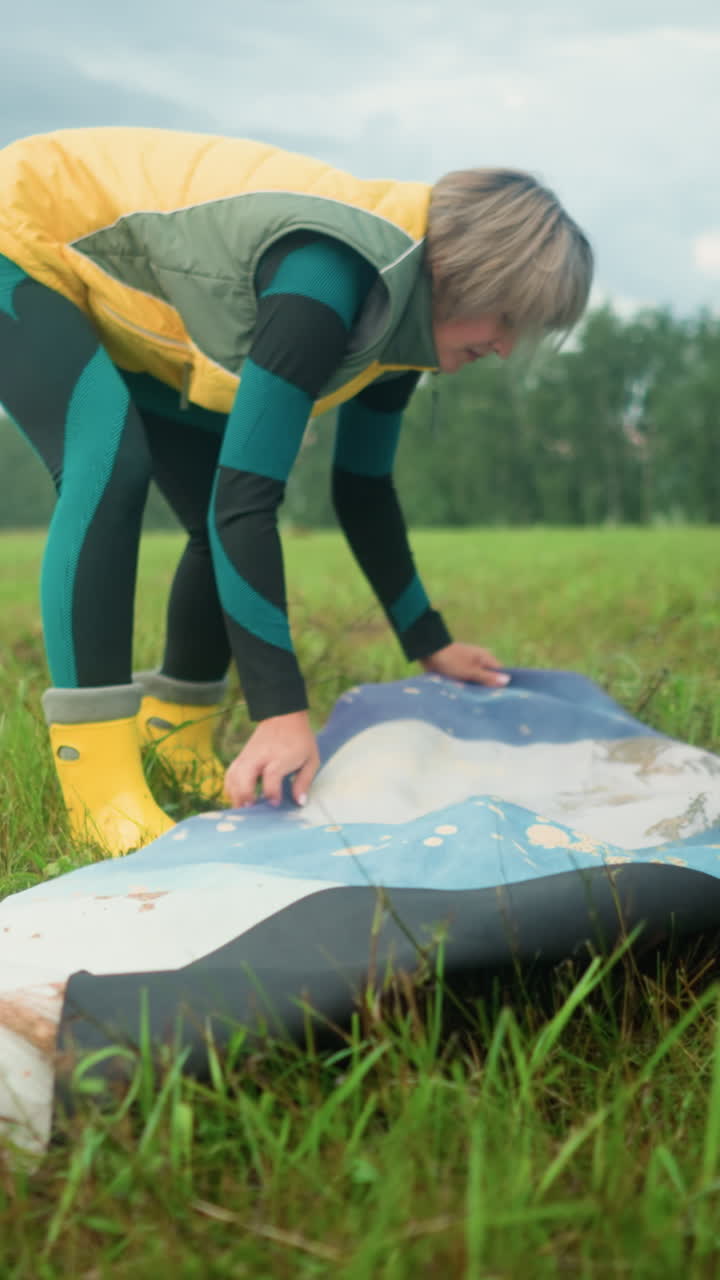 mujer de mediana edad ajustando su alfombra colorida en el campo de hierba con bolsa verde en el fondo, se establece en un vasto campo abierto, con árboles en la distancia bajo un cielo nublado