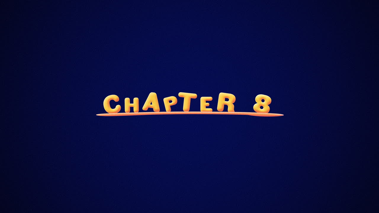 Chapter 8 Wobbly gold yellow text Animation pop up effect on a dark blue background with texture