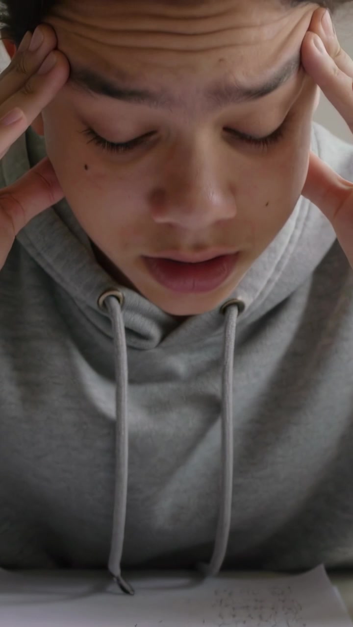 Video verticale: Di fronte a calcoli matematici scritti a mano, un adolescente con felpa grigia con cappuccio appoggiato alla scrivania dello studio, premendosi le tempie.