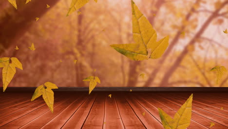 Animation-of-autumn-leaves-falling-over-trees-and-wooden-surface