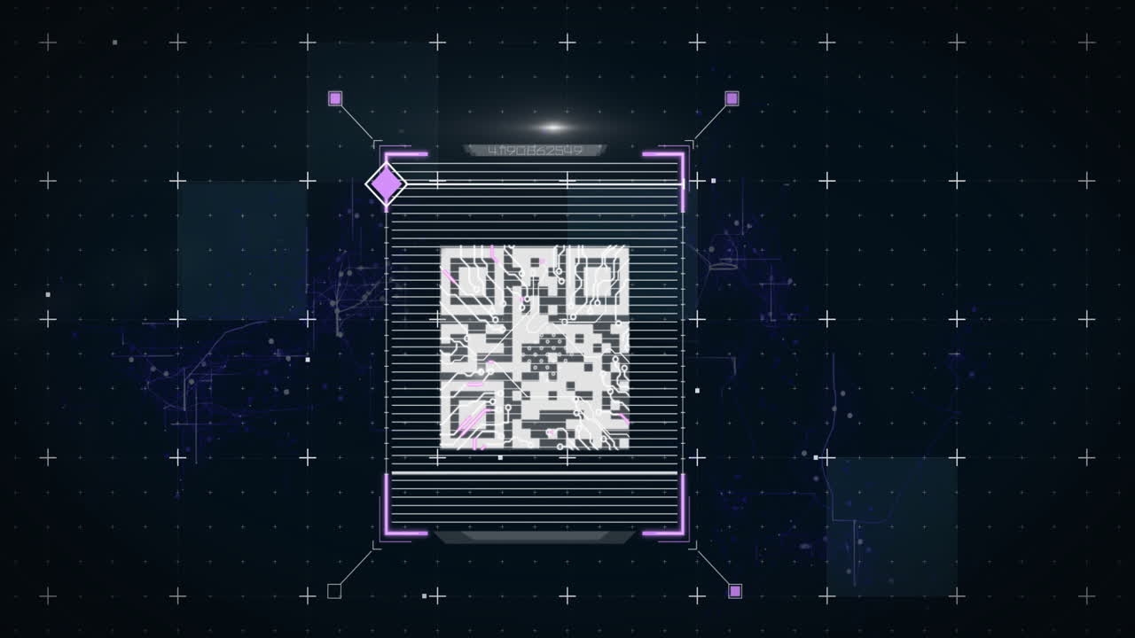 QR code scanning animation with digital interface on grid background