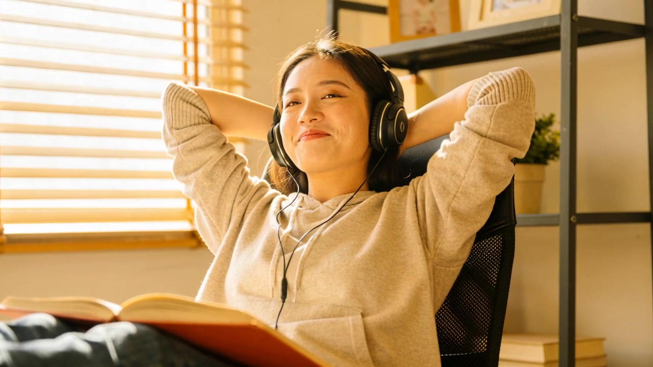 Mulher asiática reclinada fazendo uma pausa nos estudos em um recanto, usando moletom e fones de ouvido, segurando um livro aberto.